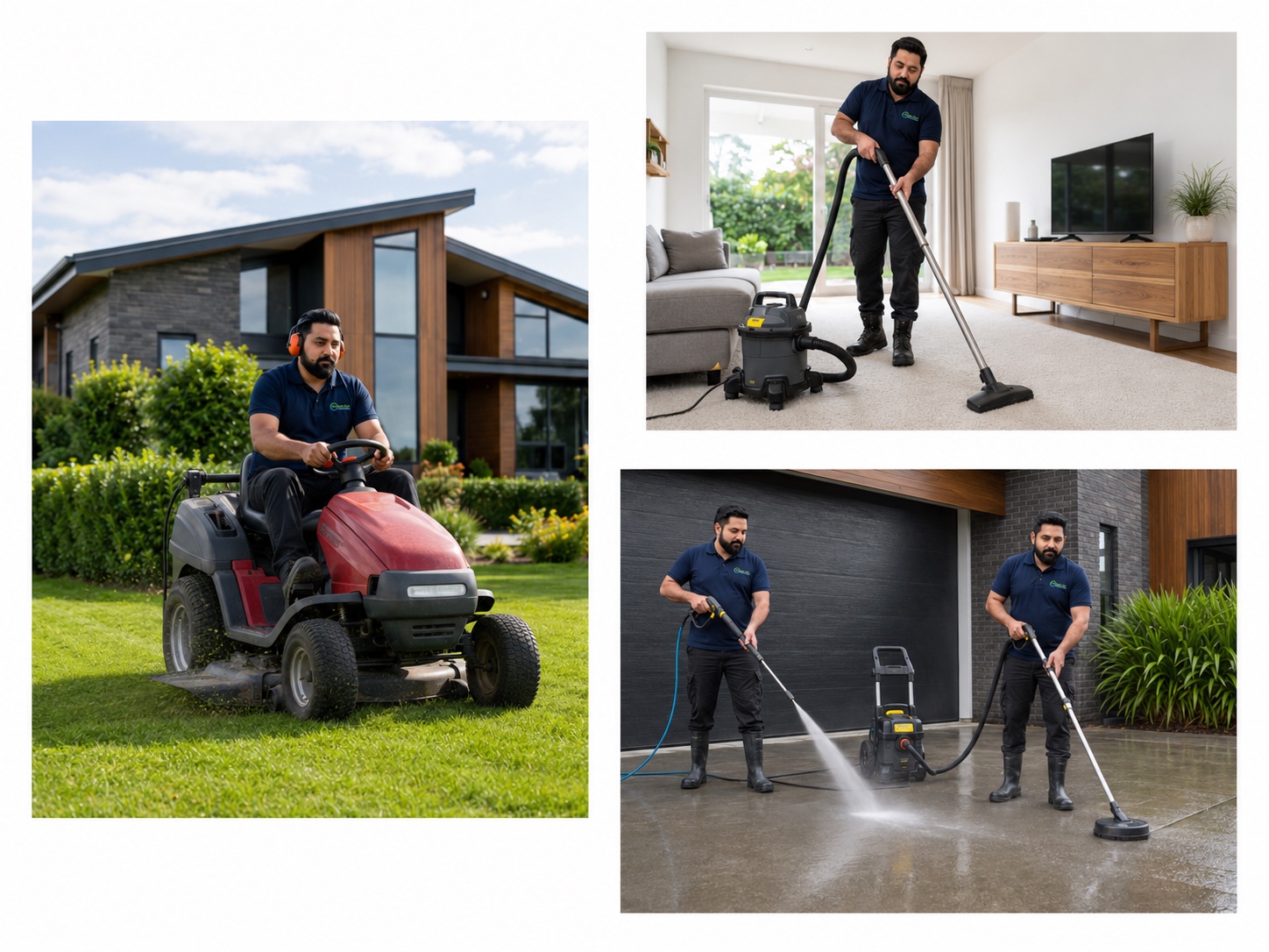 Clean Cut Canterbury team mowing a lawn on a ride-on mower, cleaning a lounge carpet and water blasting a driveway